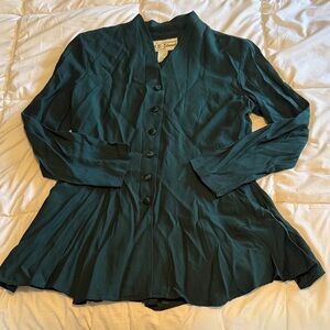 Button-Front Pleated Hem Blouse in Deep Teal - Women's